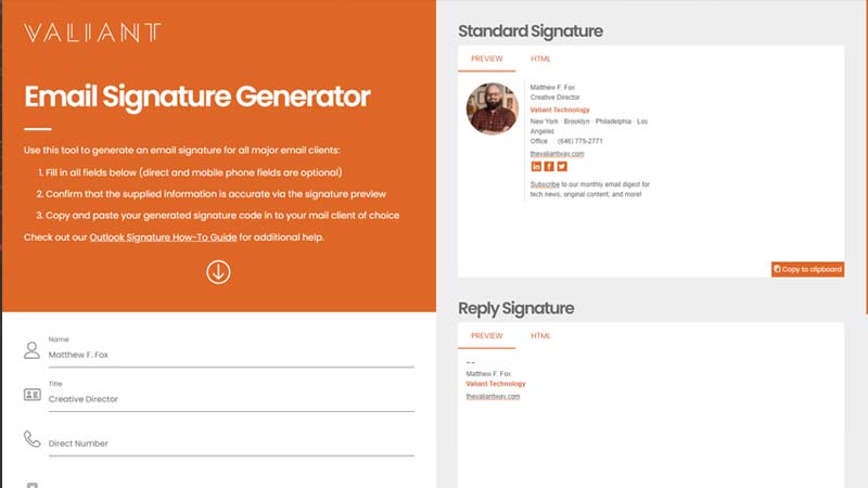 Valiant Technology Email Signature Generator